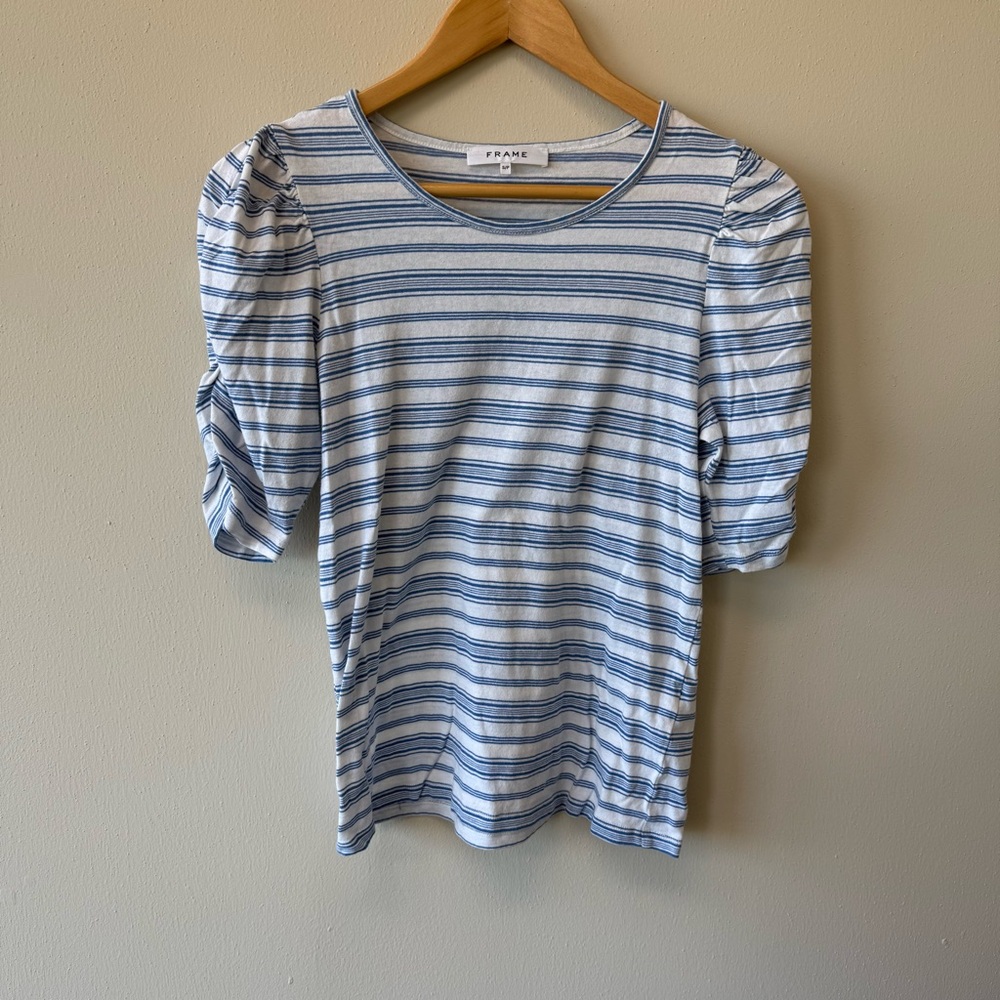 FRAME Blue White Striped 3/4 Sleeve 100% Cotton Shirt